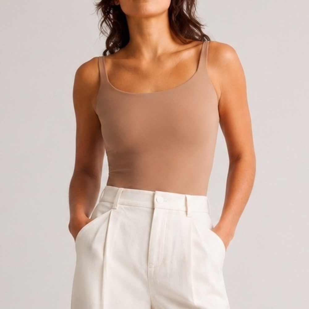 Quince Bodysuit Second Skin Square Neck Stretch Luxe Trip Date Mocha Small NWT